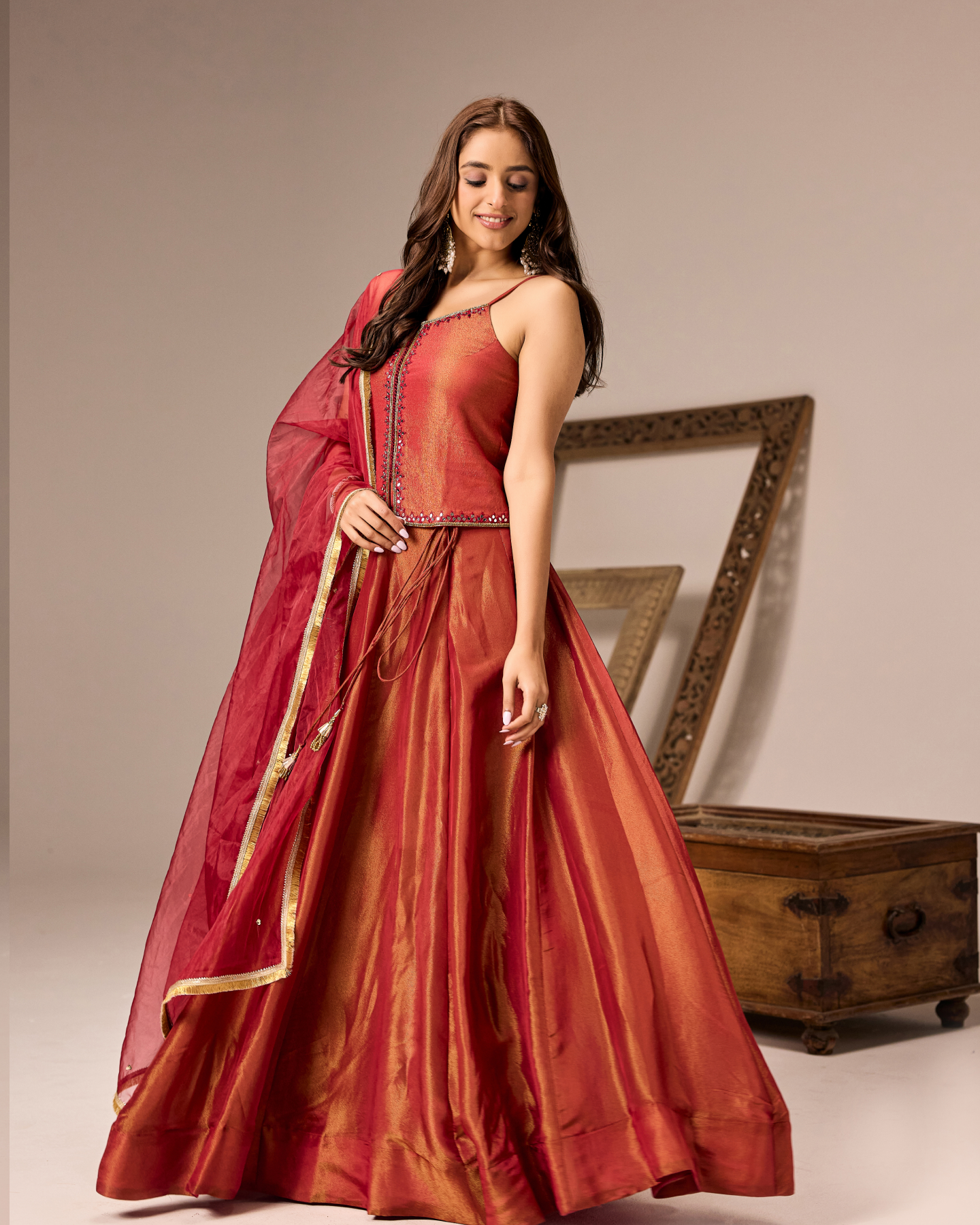 Red Tissue Lehenga