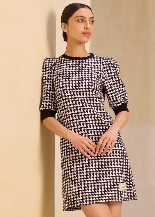 iCotton Houndstooth Pouf Sleeve Dress
