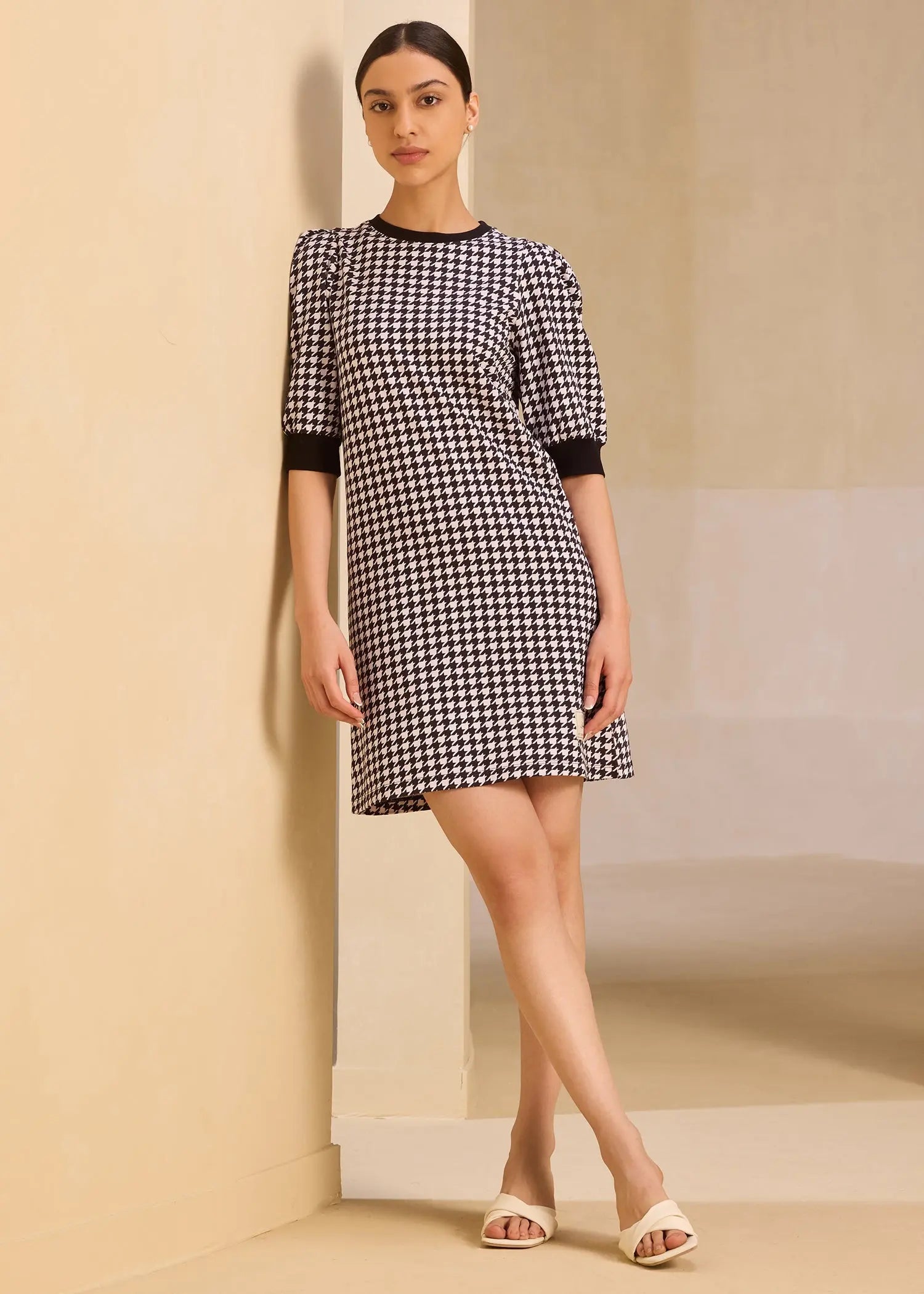 iCotton Houndstooth Pouf Sleeve Dress Alonge