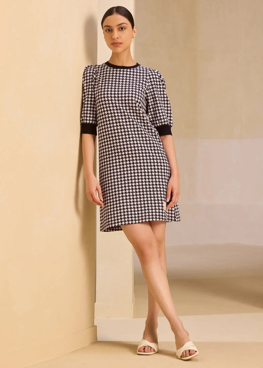 iCotton Houndstooth Pouf Sleeve Dress Alonge