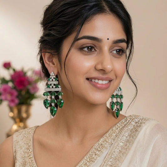 Green And Silver Stone Chandelier Earrings For Women