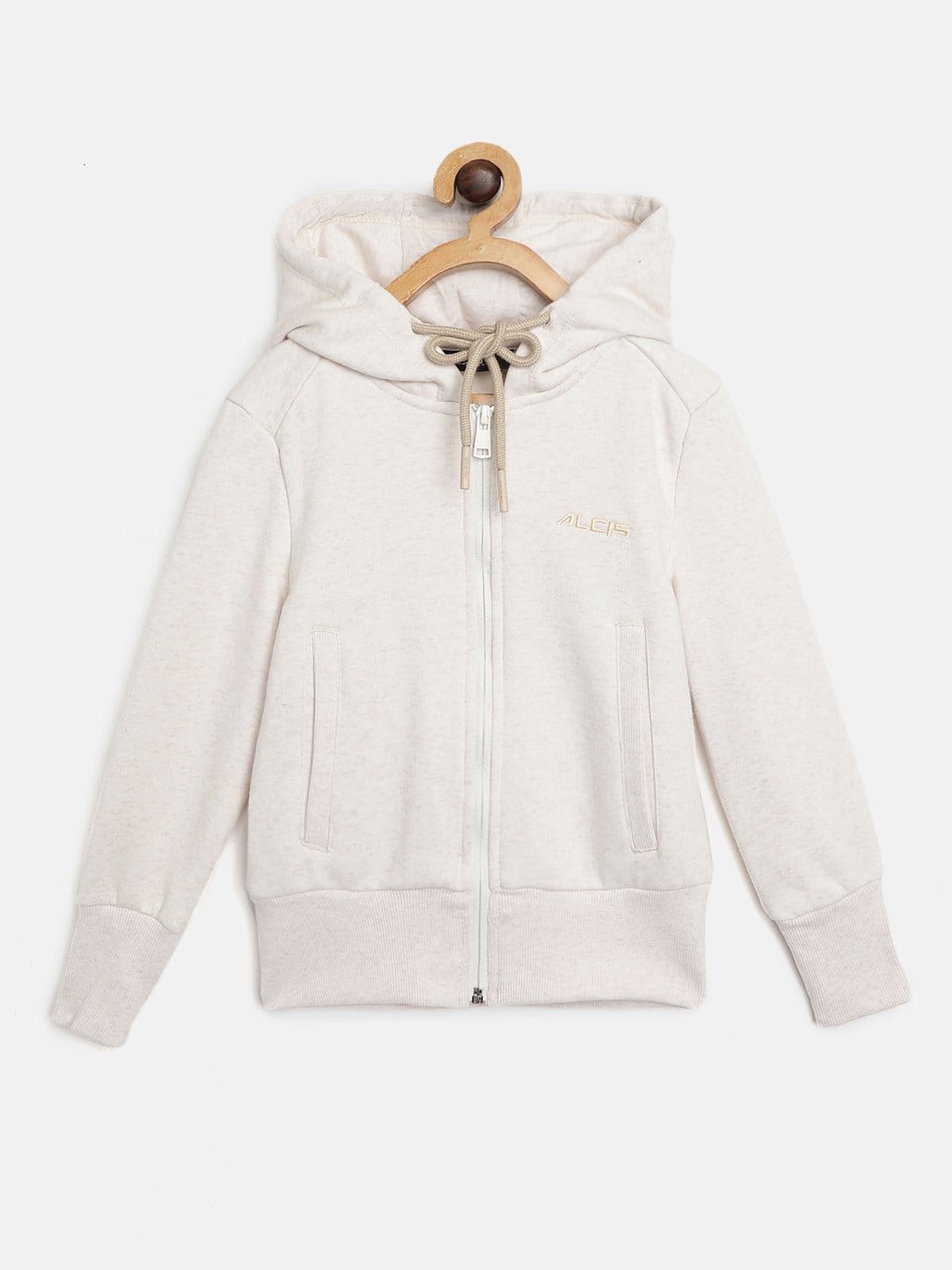 Alcis Girls Off-White Solid Hooded Sweatshirt With Melange effect