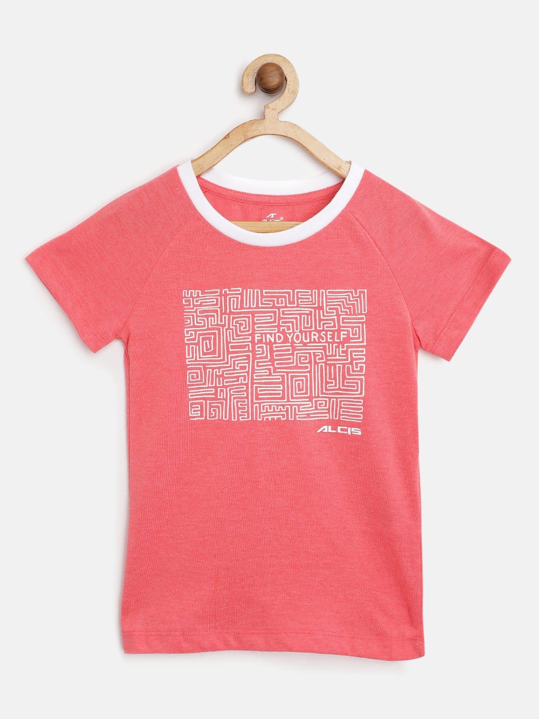 Alcis Girls Coral Pink  White Abstract Printed Round Neck T-shirt
