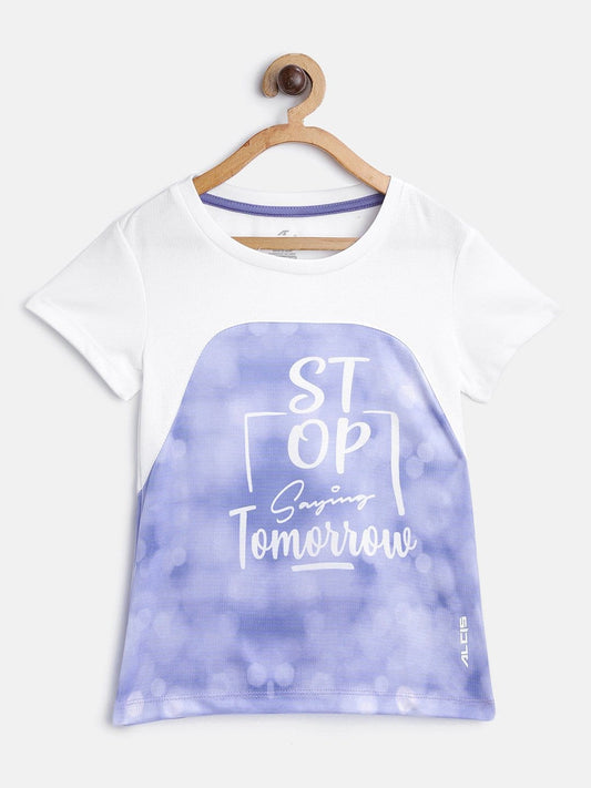 Alcis Girls Purple  White Printed Round Neck Running T-shirt