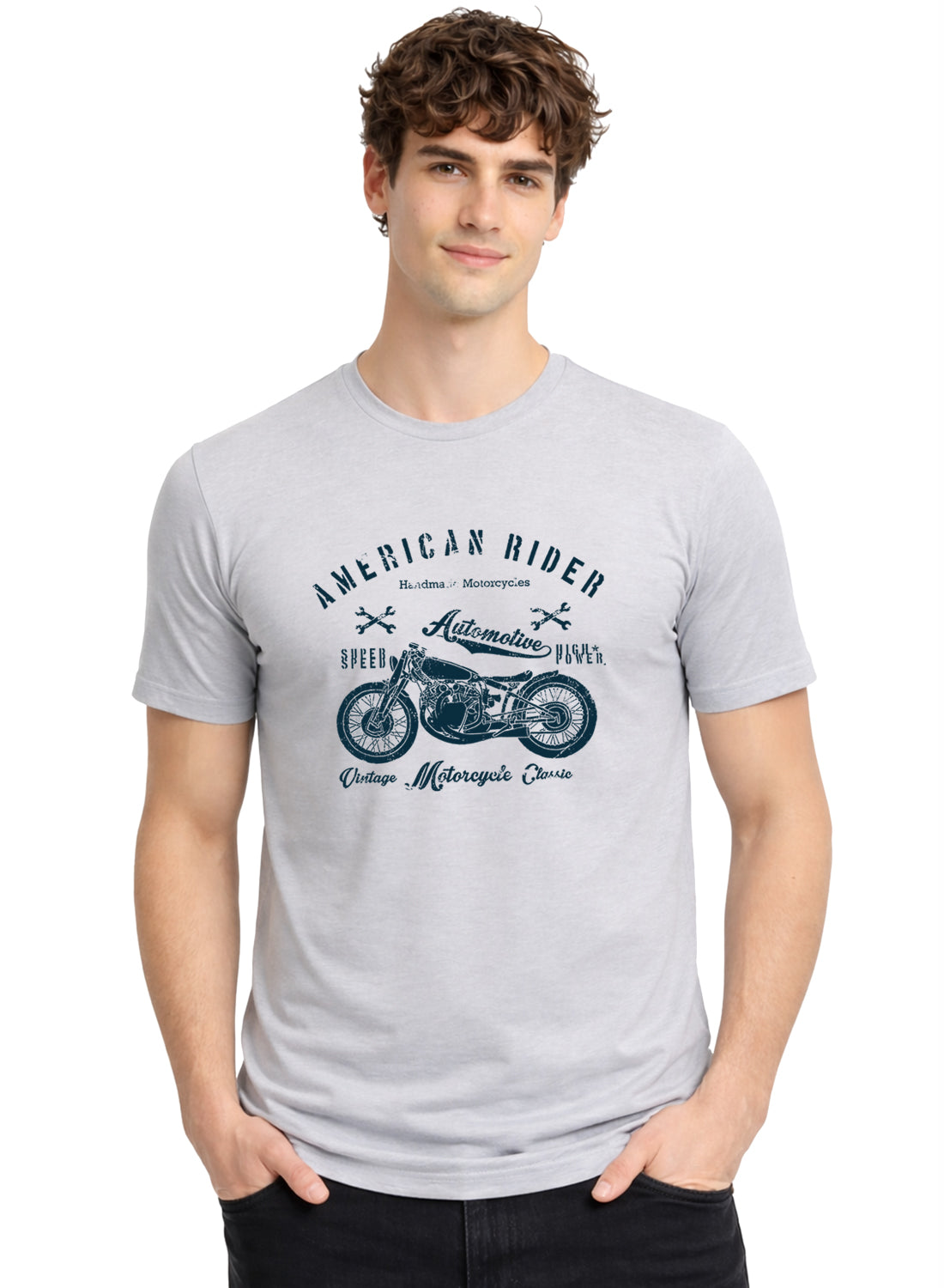 Adro Mens American Rider Printed T-Shirt | 100% Cotton T shirt for Bikers | Stylish Casual Tee Summer Regular Fit Biker Tshirt Grey