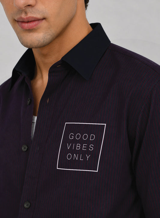 ADRO Good Vibes Only Half Sleeve Striped Shirt for Men | Cotton Blend Casual Shirts | Relaxed Fit Contrast Collar Summer Wear | Maroon