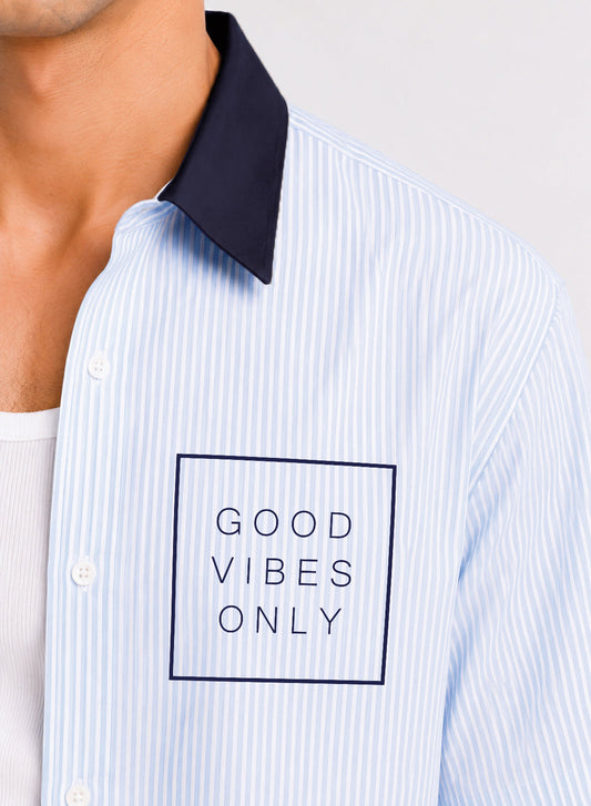 ADRO Good Vibes Only Half Sleeve Striped Shirt for Men | Cotton Blend Casual Shirts | Relaxed Fit Contrast Collar Summer Wear | Sky Blue