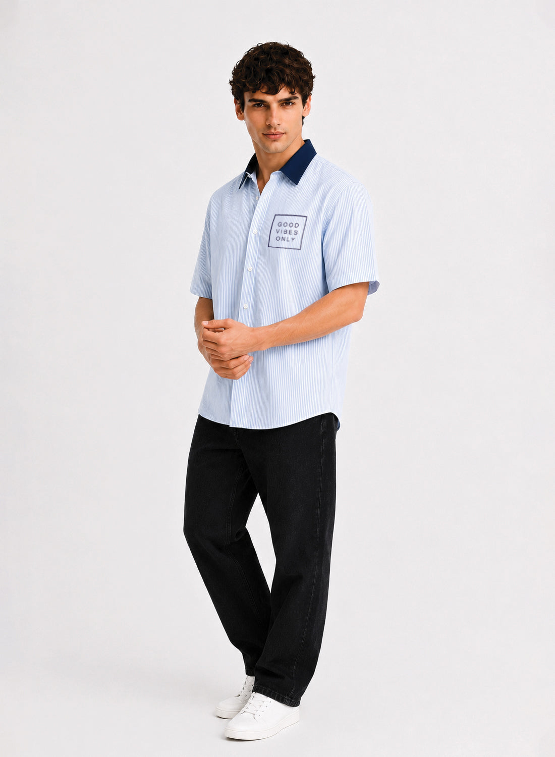ADRO Good Vibes Only Half Sleeve Striped Shirt for Men | Cotton Blend Casual Shirts | Relaxed Fit Contrast Collar Summer Wear | Sky Blue