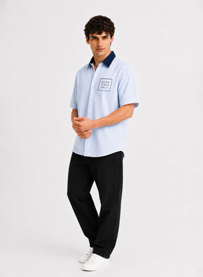 ADRO Good Vibes Only Half Sleeve Striped Shirt for Men | Cotton Blend Casual Shirts | Relaxed Fit Contrast Collar Summer Wear | Lavender