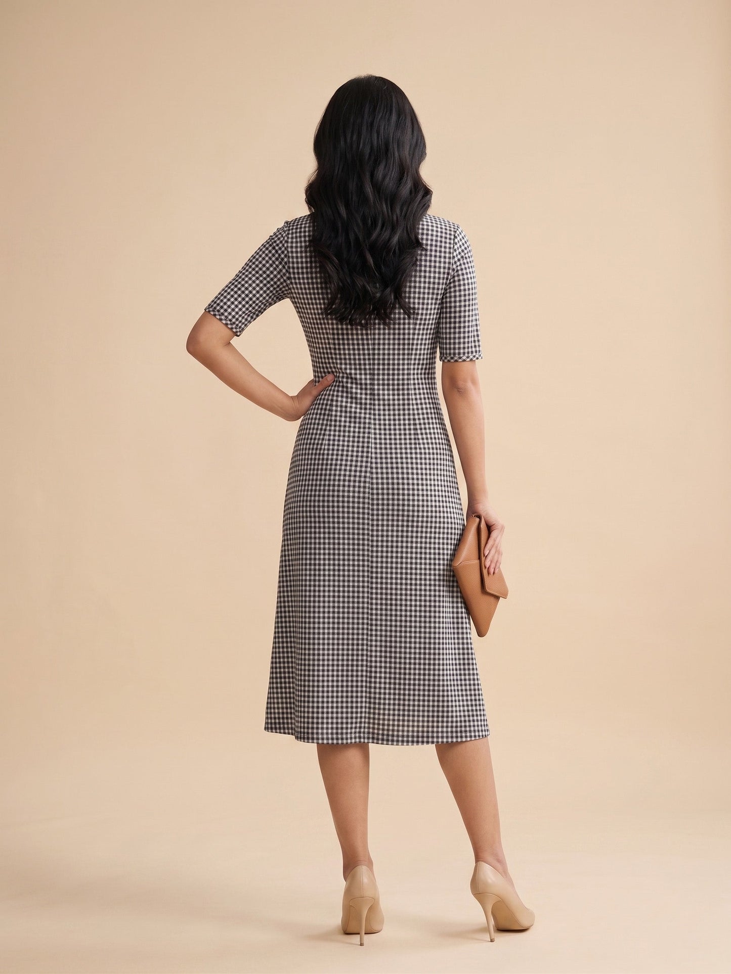 Navy & White Checkered Midi Dress