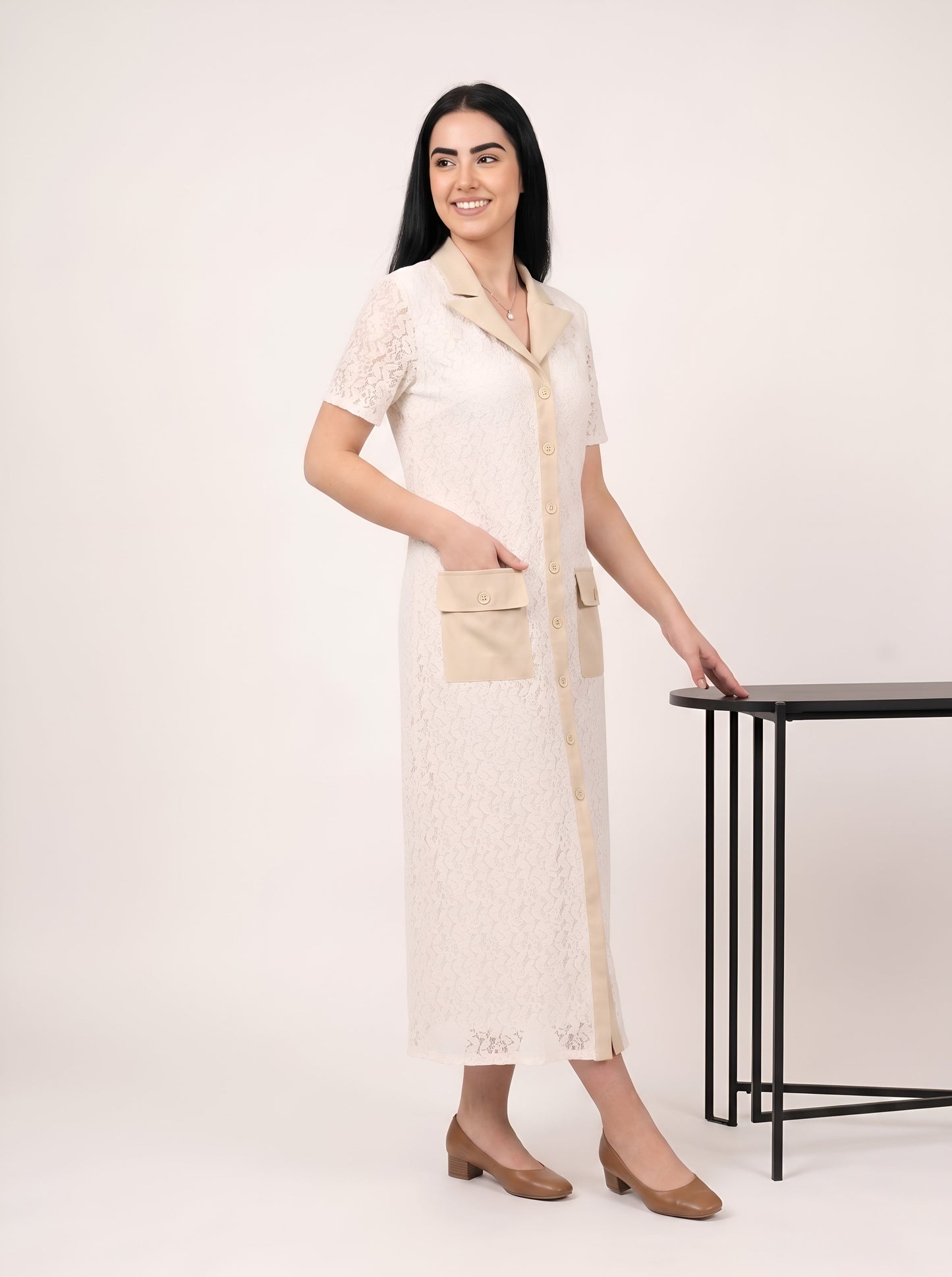 House of S Women's Ivory Lace Contrast Pocket Shirt Dress
