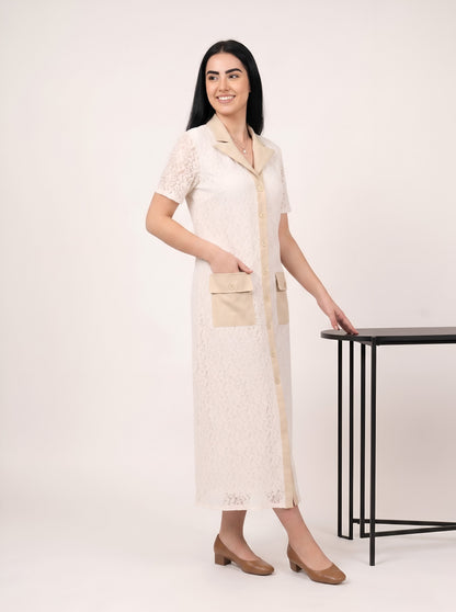 House of S Women's Ivory Lace Contrast Pocket Shirt Dress