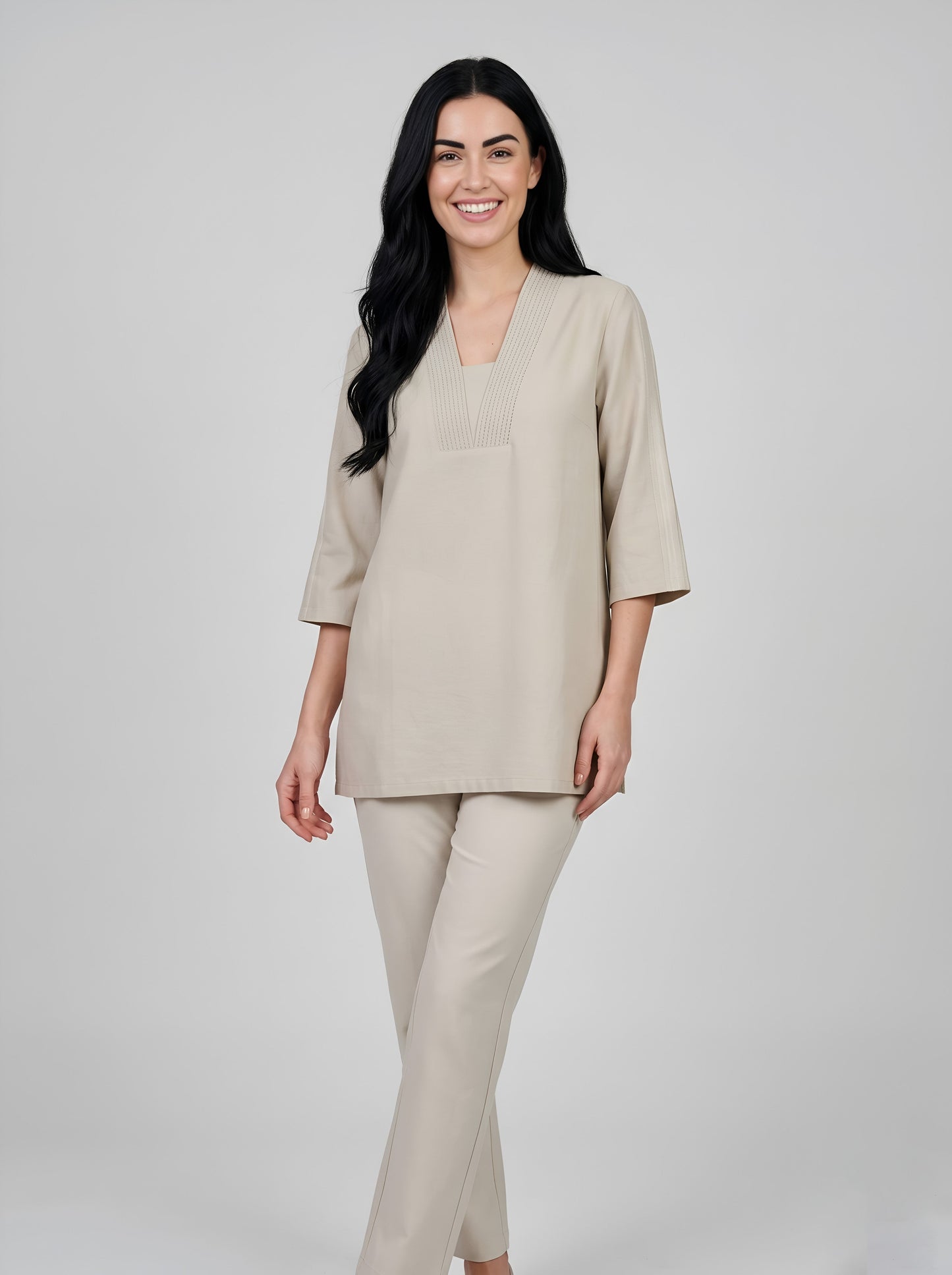 House of S Beige Minimalist V-Neck Top