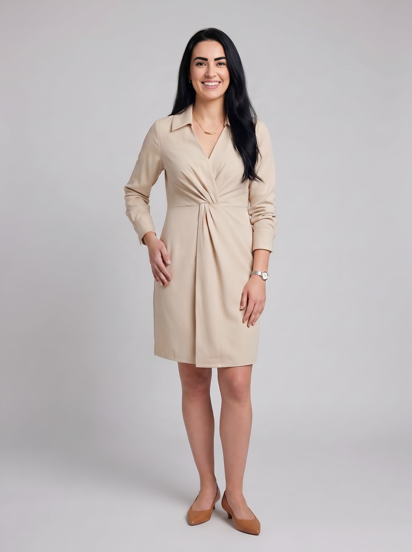 House of S Women's Beige Twist Front Shirt Dress