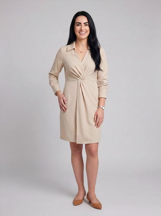 House of S Women's Beige Twist Front Shirt Dress