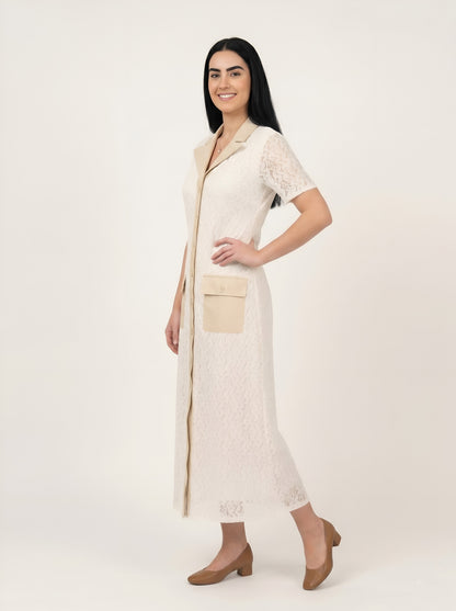 House of S Women's Ivory Lace Contrast Pocket Shirt Dress