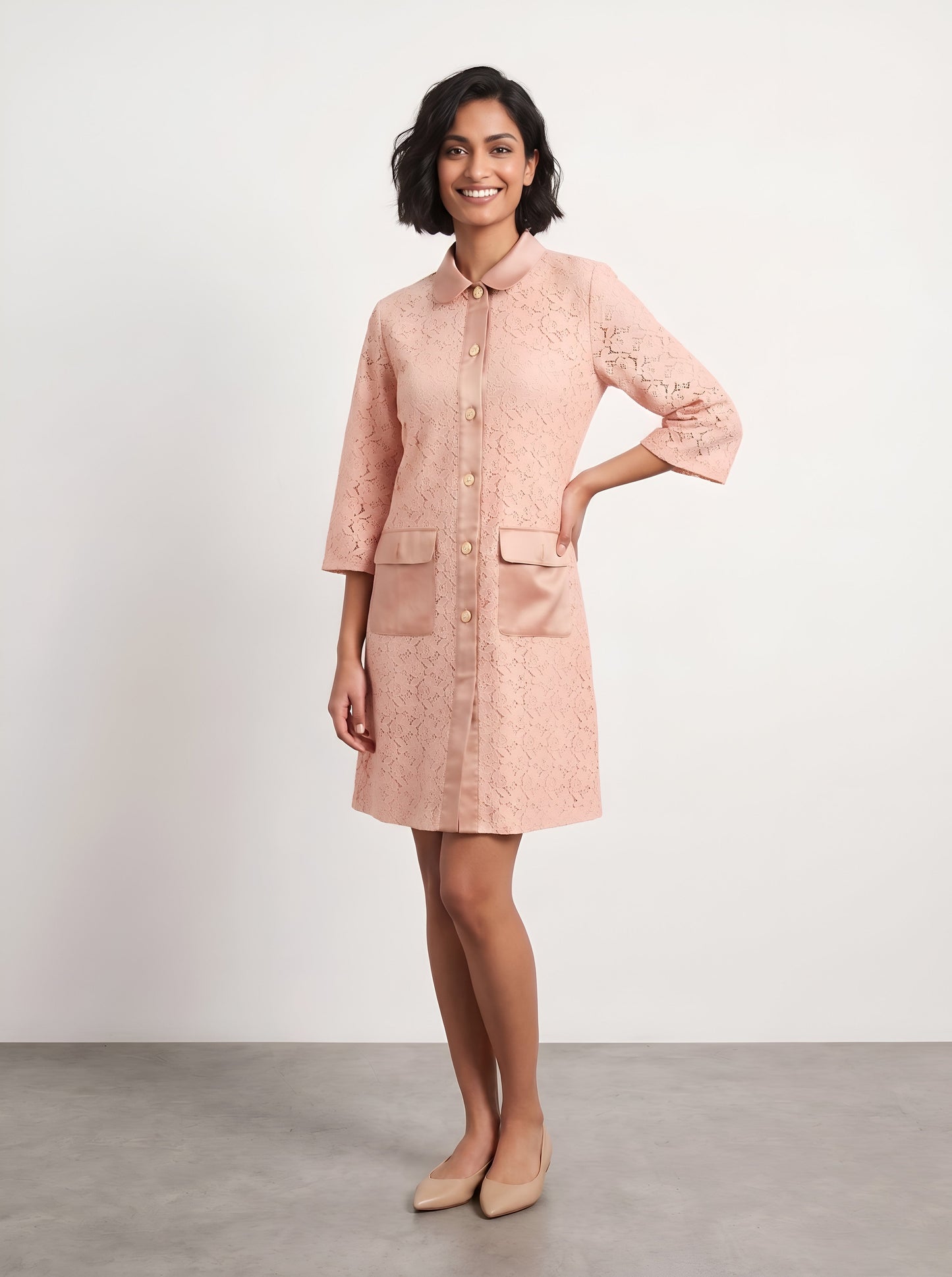 House of S Women's Blush Pink Lace Overlay Shirt Dress