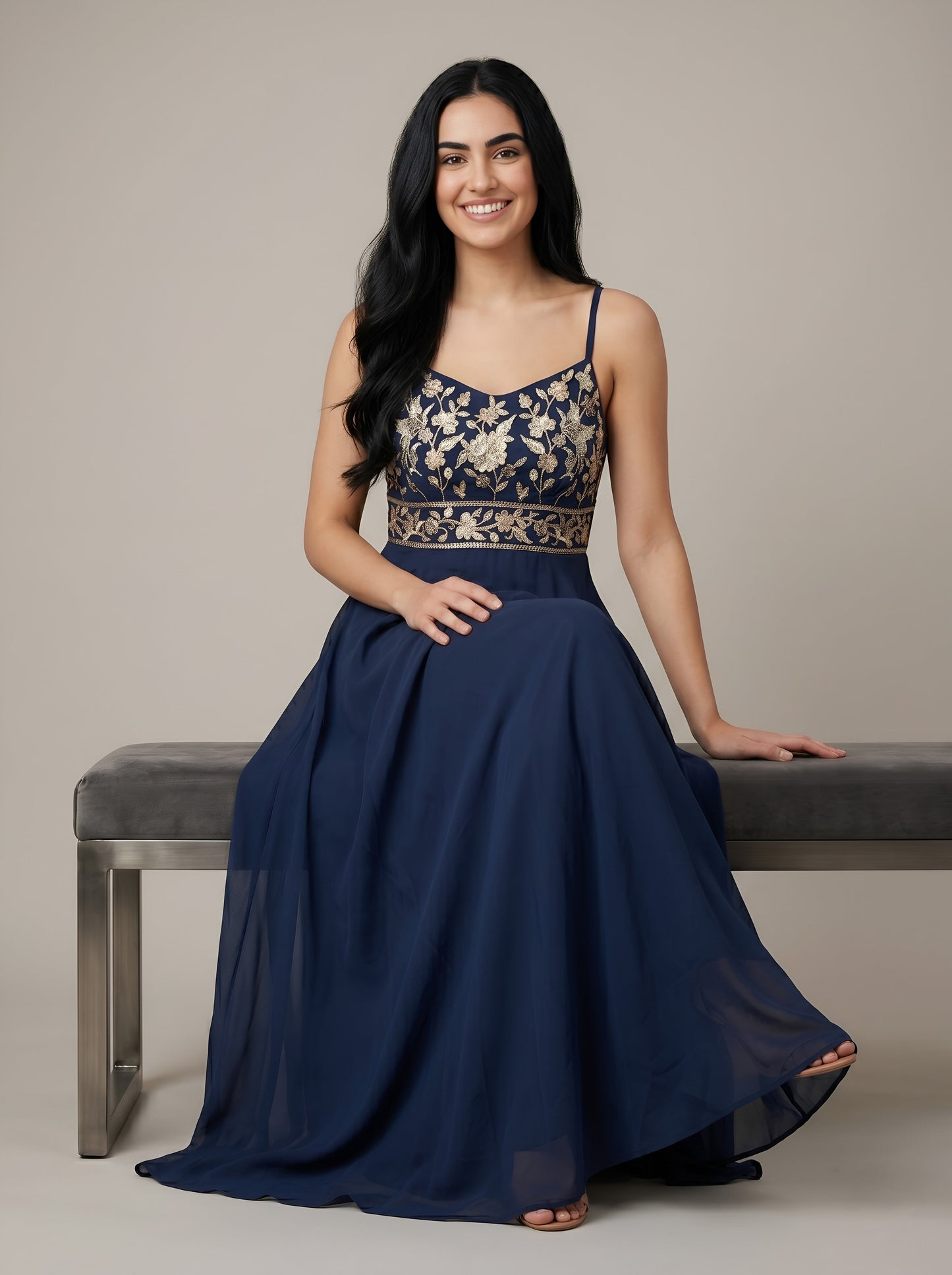 House of S Midnight Blue Embroidered Gown with Spaghetti Straps