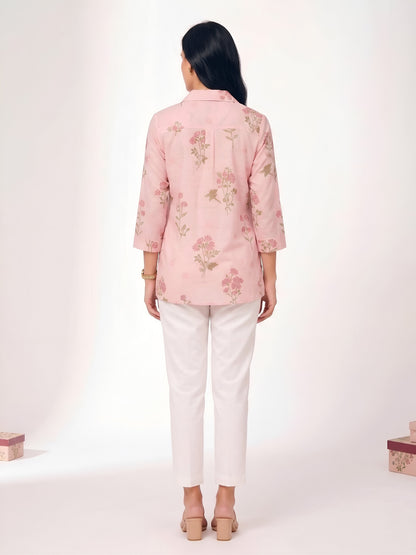 House of S Pink Ivory Floral Embroidered Shirt