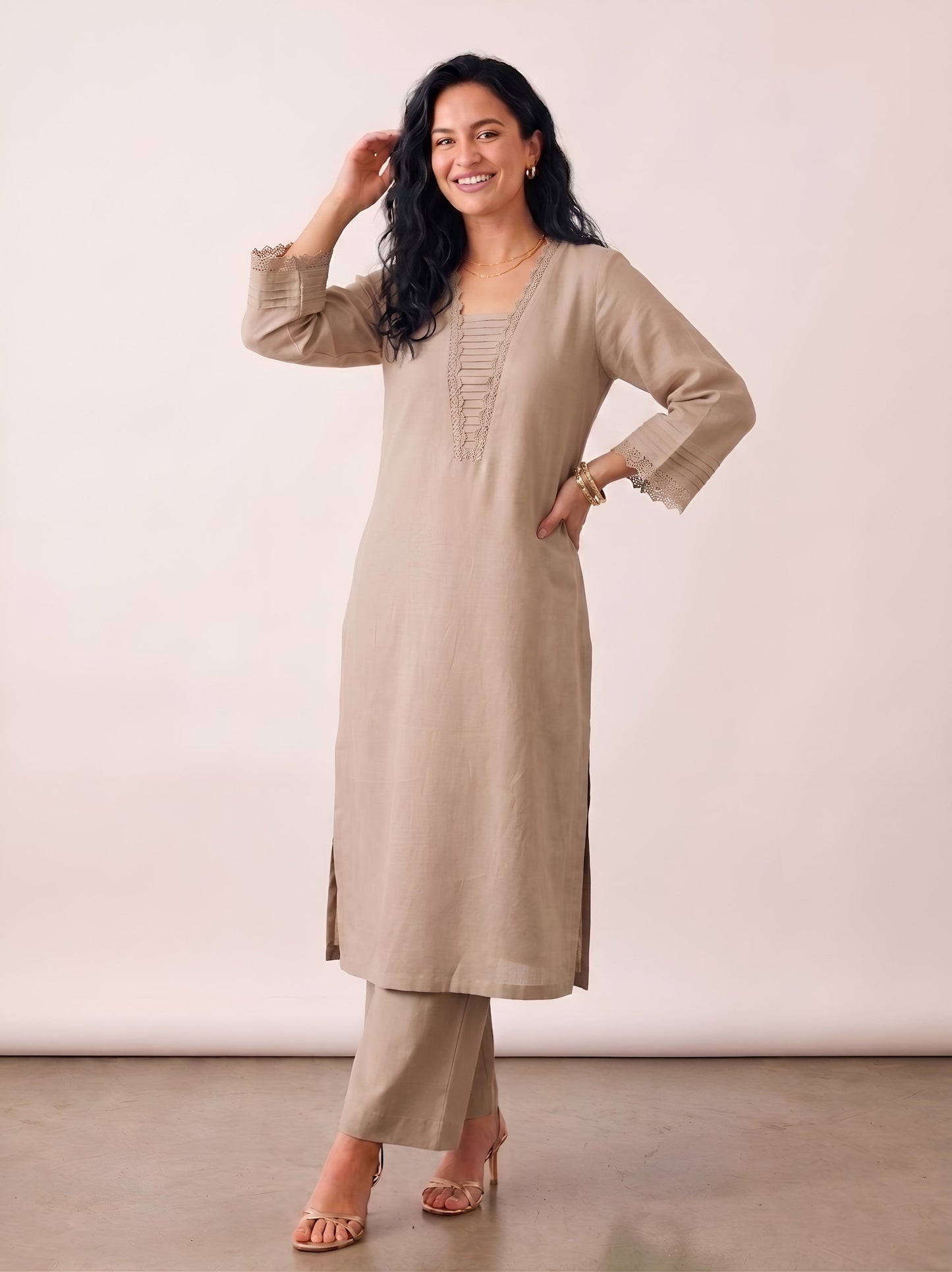 Barara Women's Beige Crochet Detail Straight Kurta Set