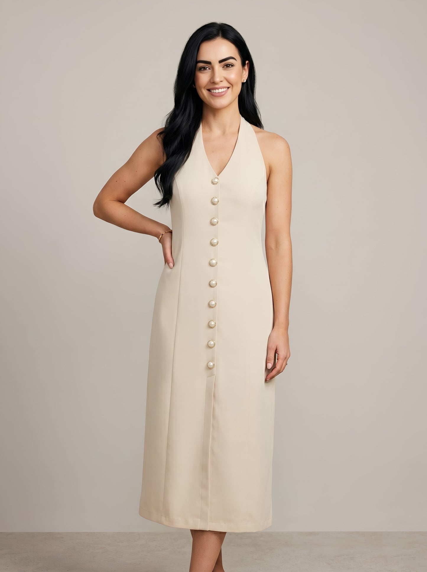 House of S Women's Classic Pearl Button Midi Dress