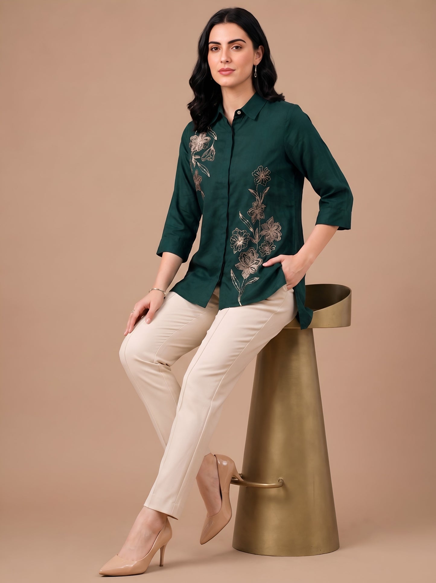 Green Modal Satin Embroidered Short Kurti