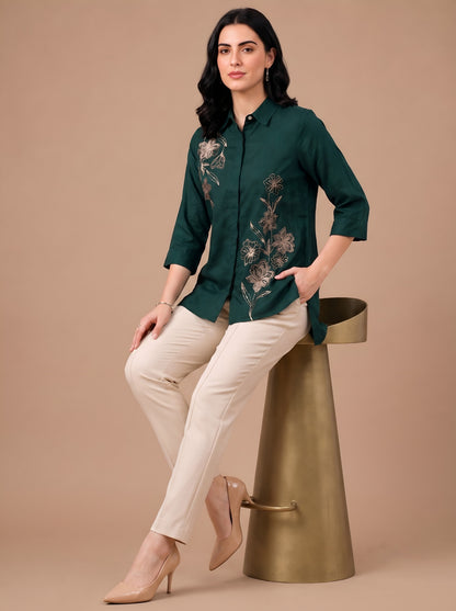 Green Modal Satin Embroidered Short Kurti