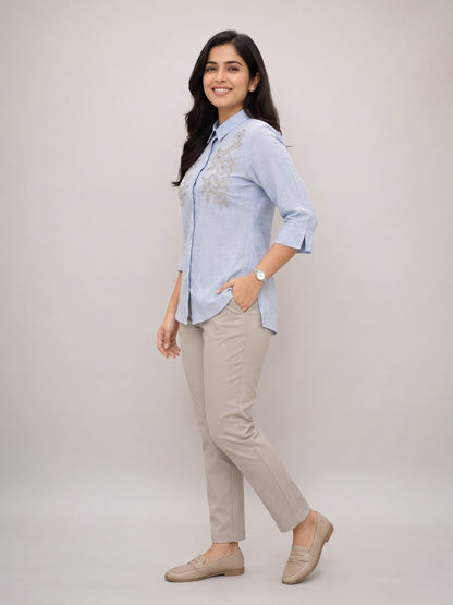 House of S Sky Blue Shirt with Floral Thread Embroidery