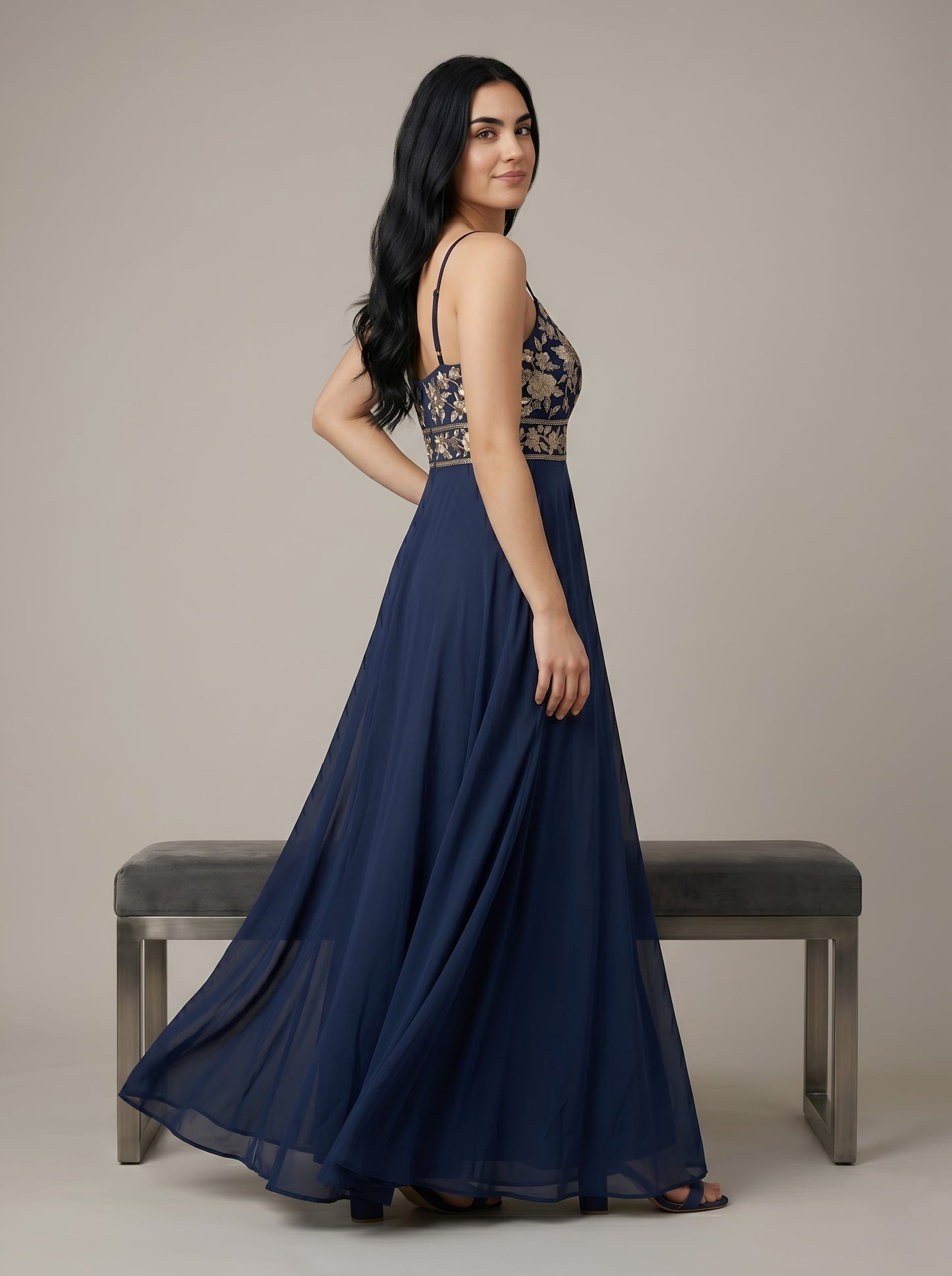 House of S Midnight Blue Embroidered Gown with Spaghetti Straps