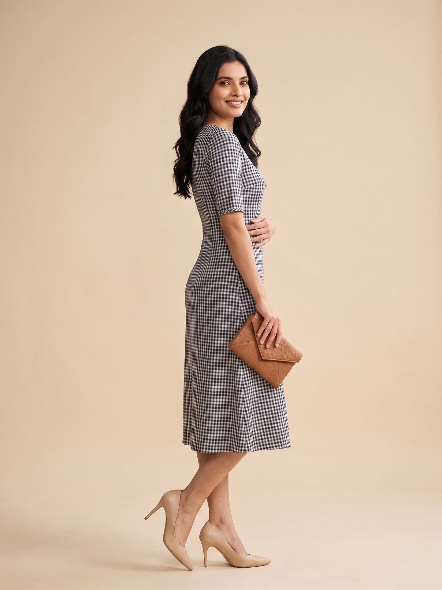 Navy & White Checkered Midi Dress