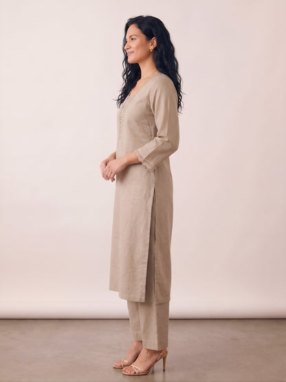 Barara Women's Beige Crochet Detail Straight Kurta Set