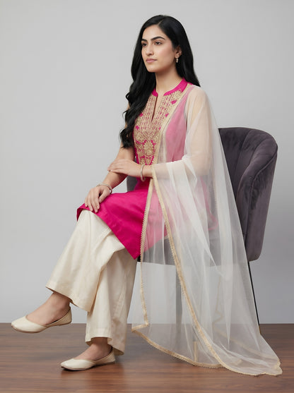 Barara Women’s Pink Embroidered Kurta with Ivory Palazzo & Dupatta Set