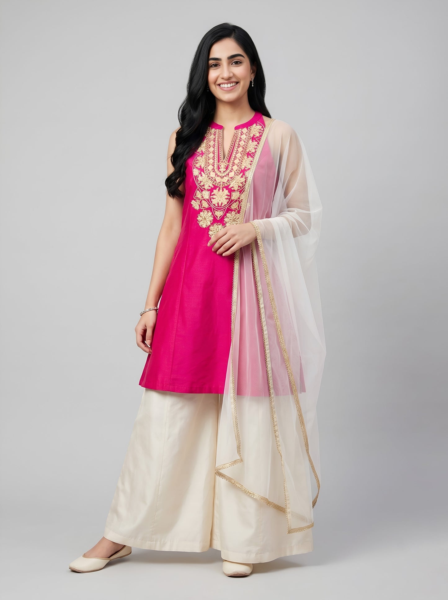 Barara Women’s Pink Embroidered Kurta with Ivory Palazzo & Dupatta Set