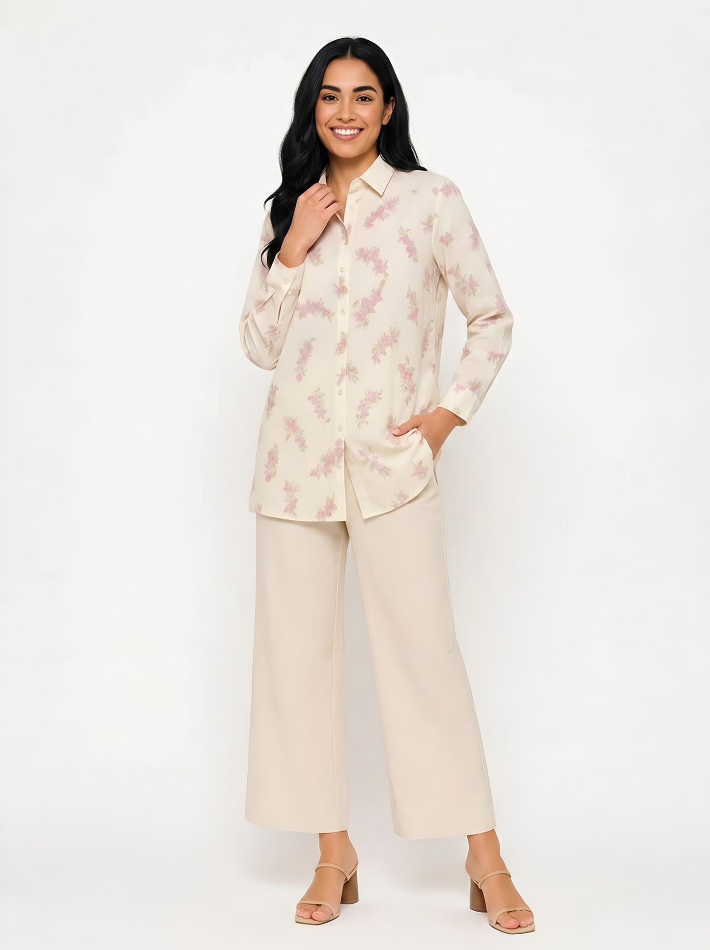 House of S white Ivory Floral Embroidered Shirt