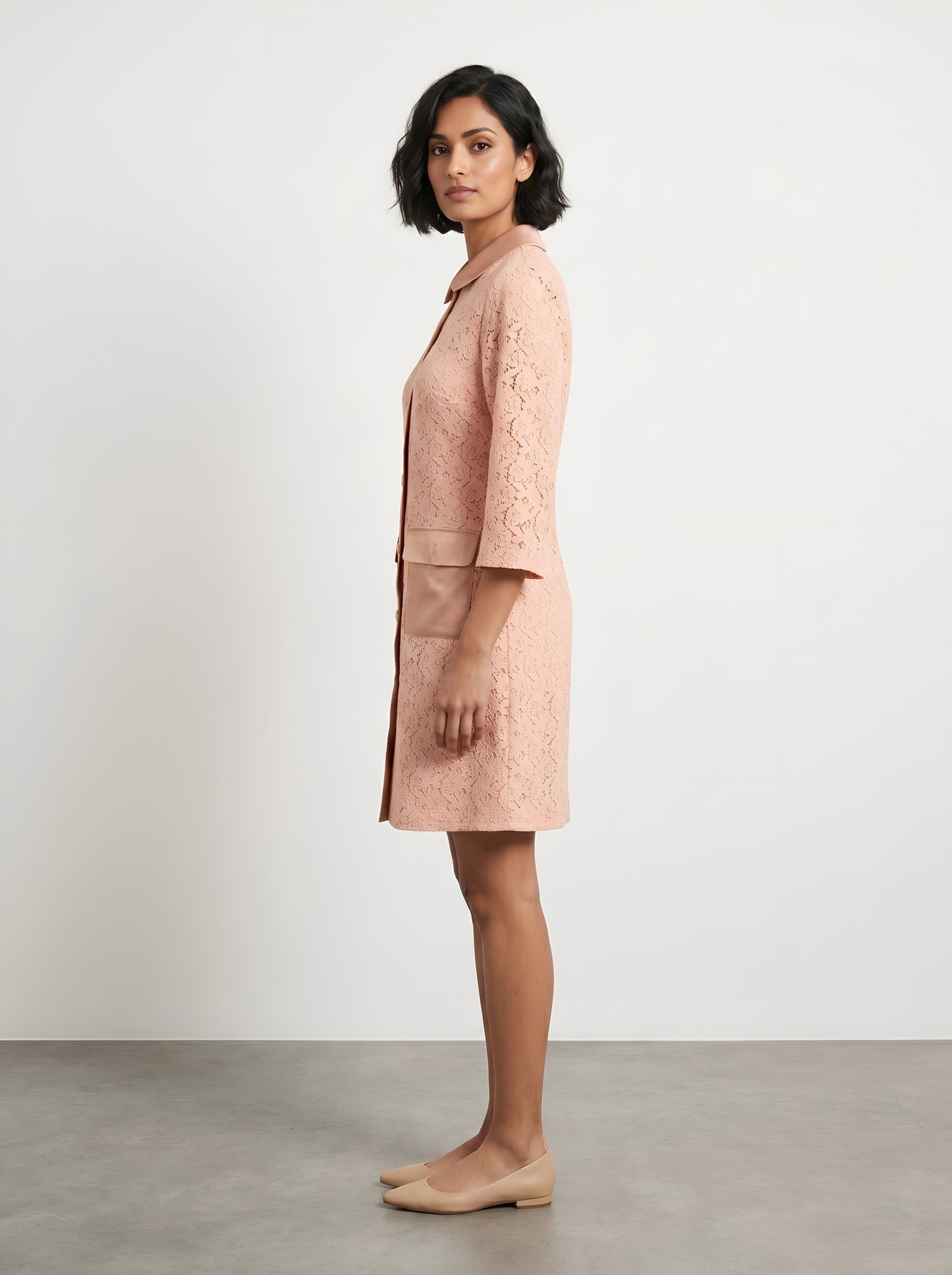 House of S Women's Blush Pink Lace Overlay Shirt Dress