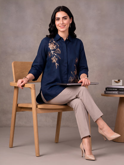 Navy Blue Modal Satin Embroidered Short Kurti