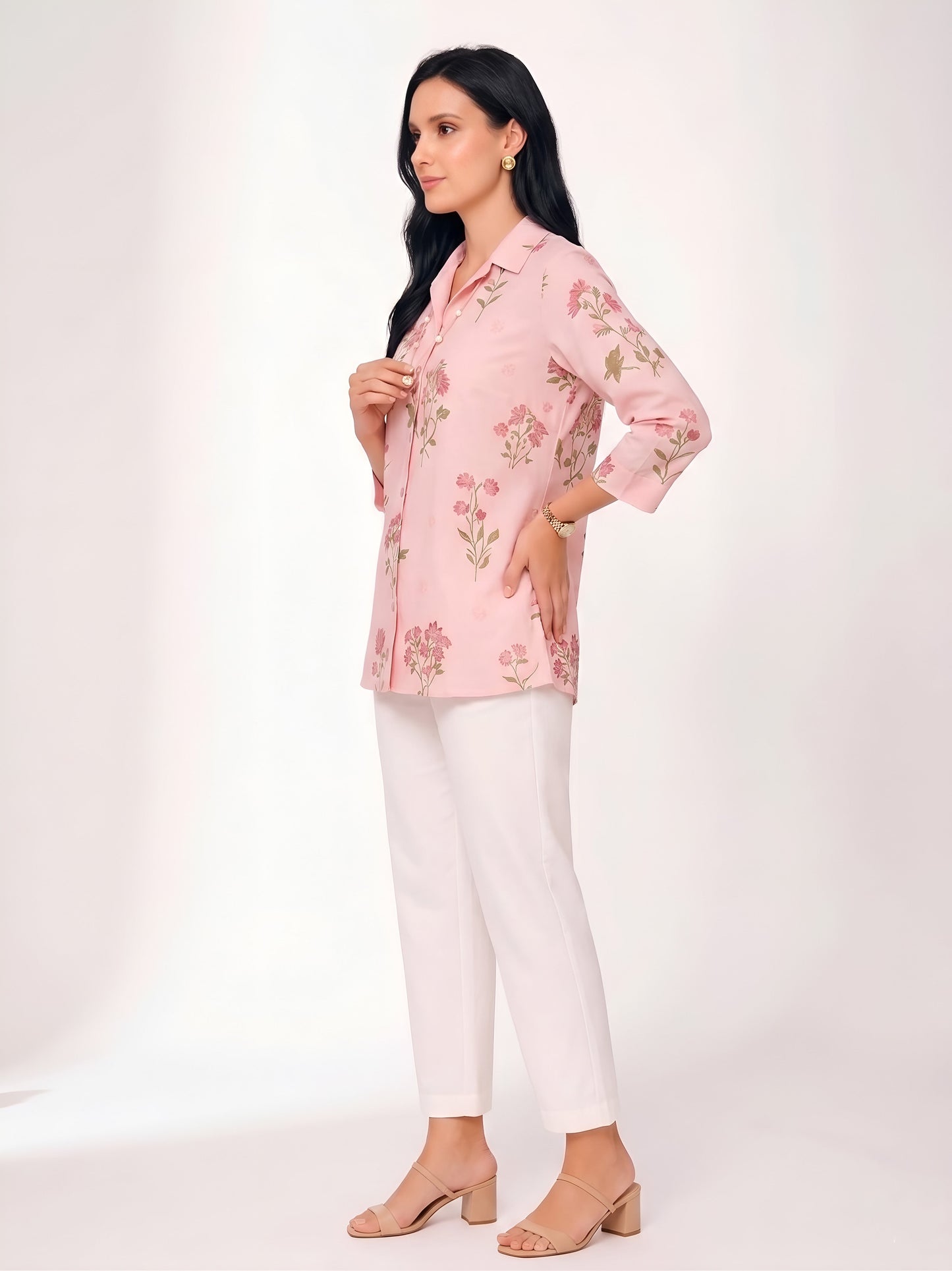 House of S Pink Ivory Floral Embroidered Shirt