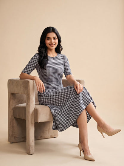 Navy & White Checkered Midi Dress