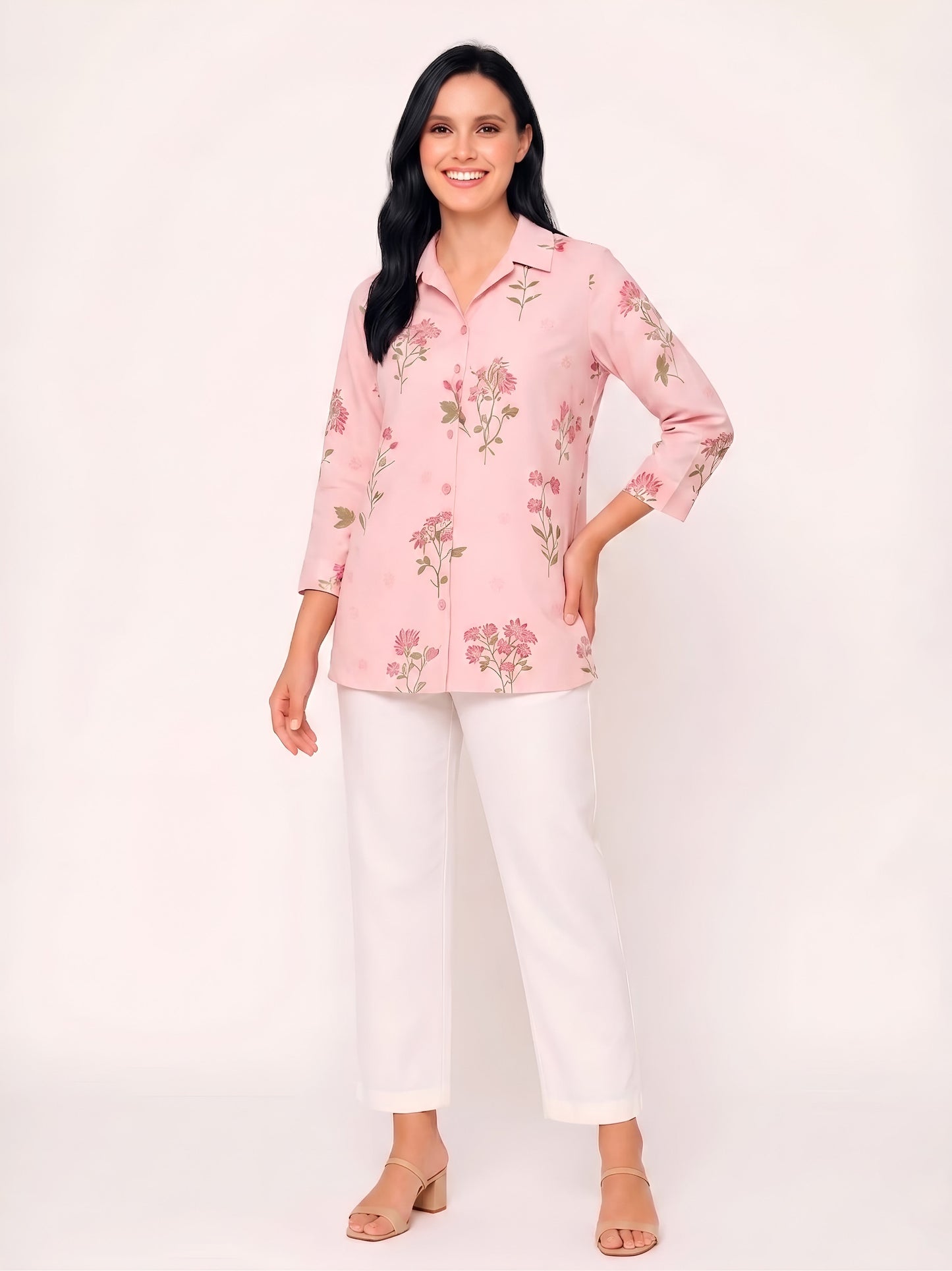 House of S Pink Ivory Floral Embroidered Shirt