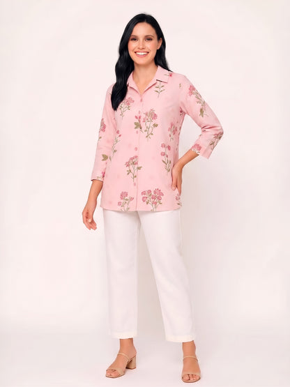 House of S Pink Ivory Floral Embroidered Shirt