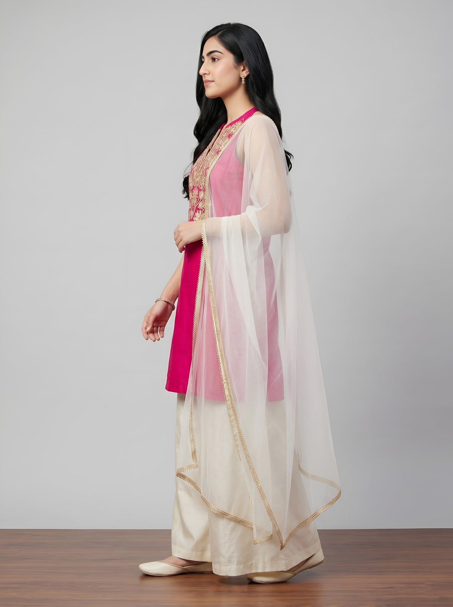 Barara Women’s Pink Embroidered Kurta with Ivory Palazzo & Dupatta Set