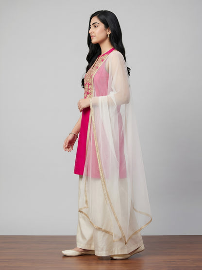 Barara Women’s Pink Embroidered Kurta with Ivory Palazzo & Dupatta Set