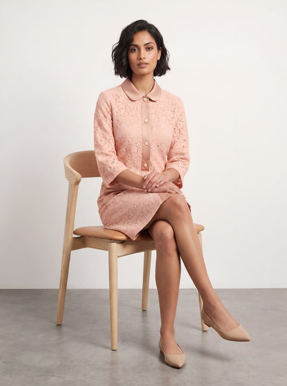 House of S Women's Blush Pink Lace Overlay Shirt Dress