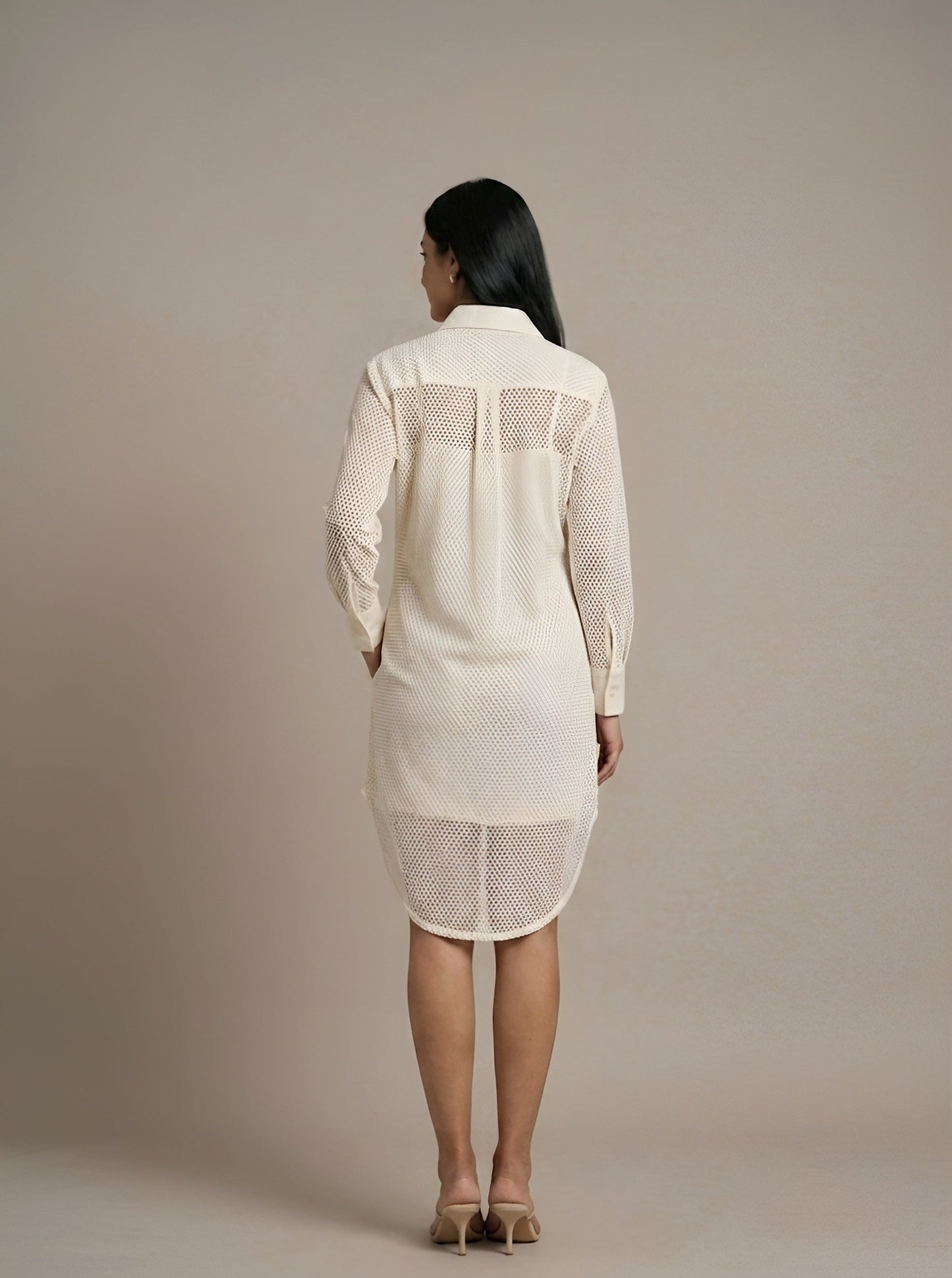 Women’s White Sheer Mesh Shirt Dress with Faux Leather Details