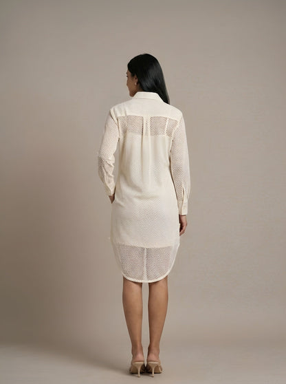Women’s White Sheer Mesh Shirt Dress with Faux Leather Details