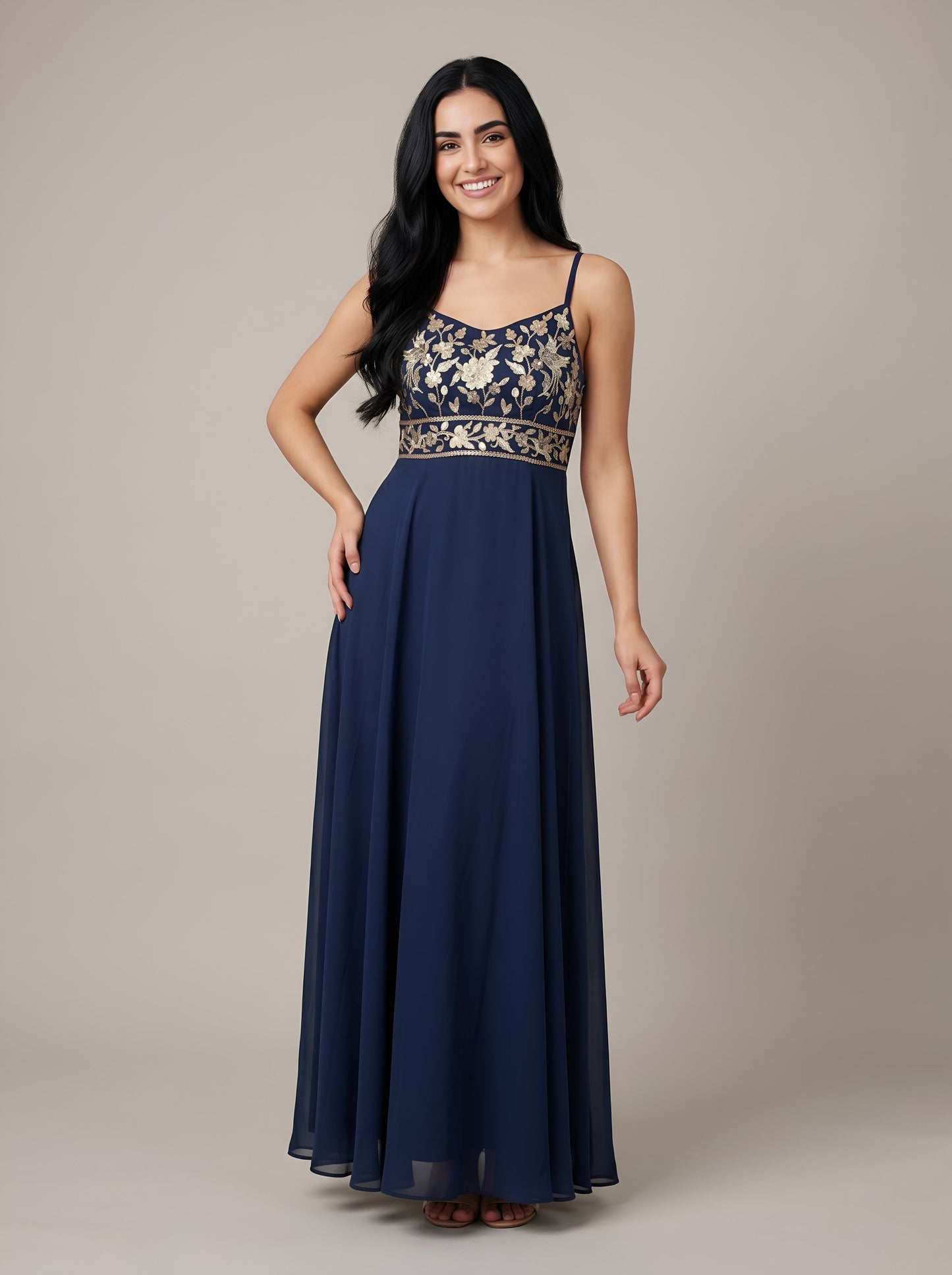 House of S Midnight Blue Embroidered Gown with Spaghetti Straps