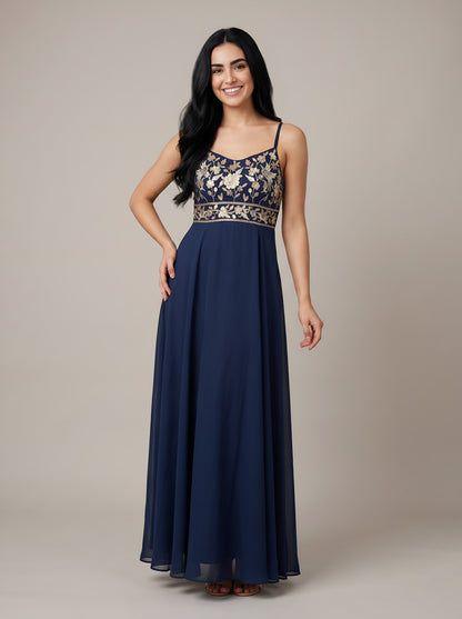 House of S Midnight Blue Embroidered Gown with Spaghetti Straps