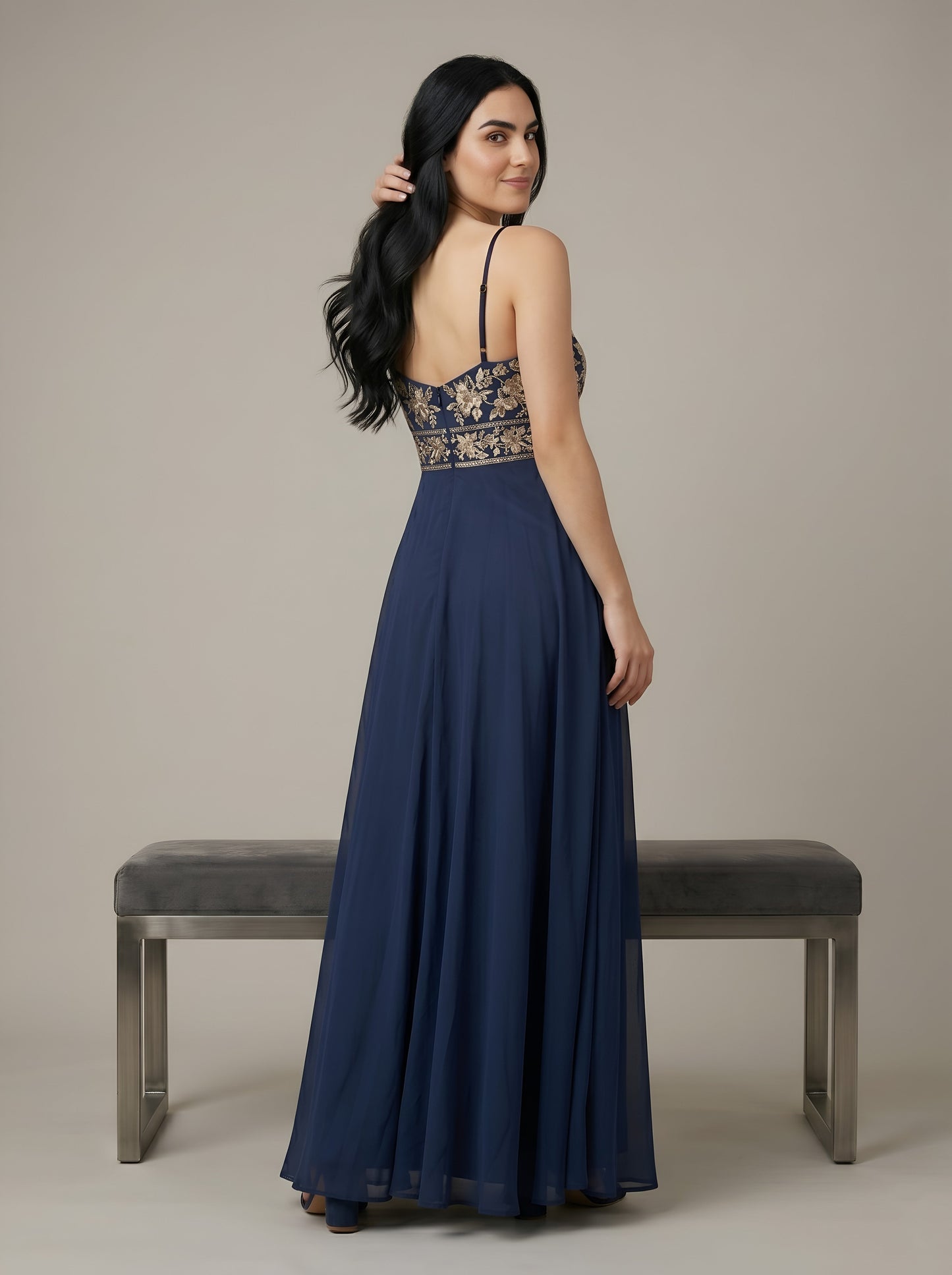 House of S Midnight Blue Embroidered Gown with Spaghetti Straps