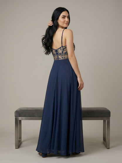 House of S Midnight Blue Embroidered Gown with Spaghetti Straps