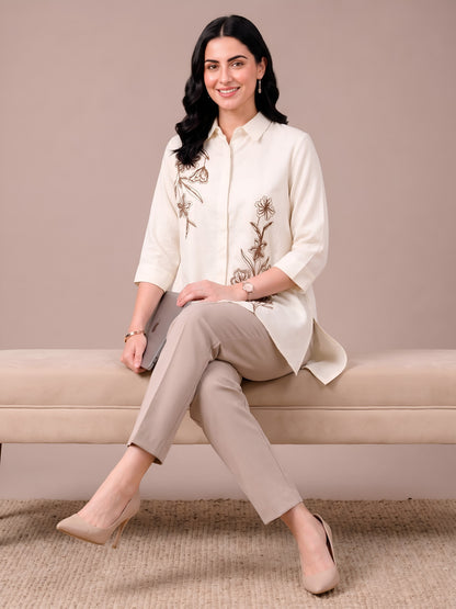 Cream Modal Satin Embroidered Short Kurti